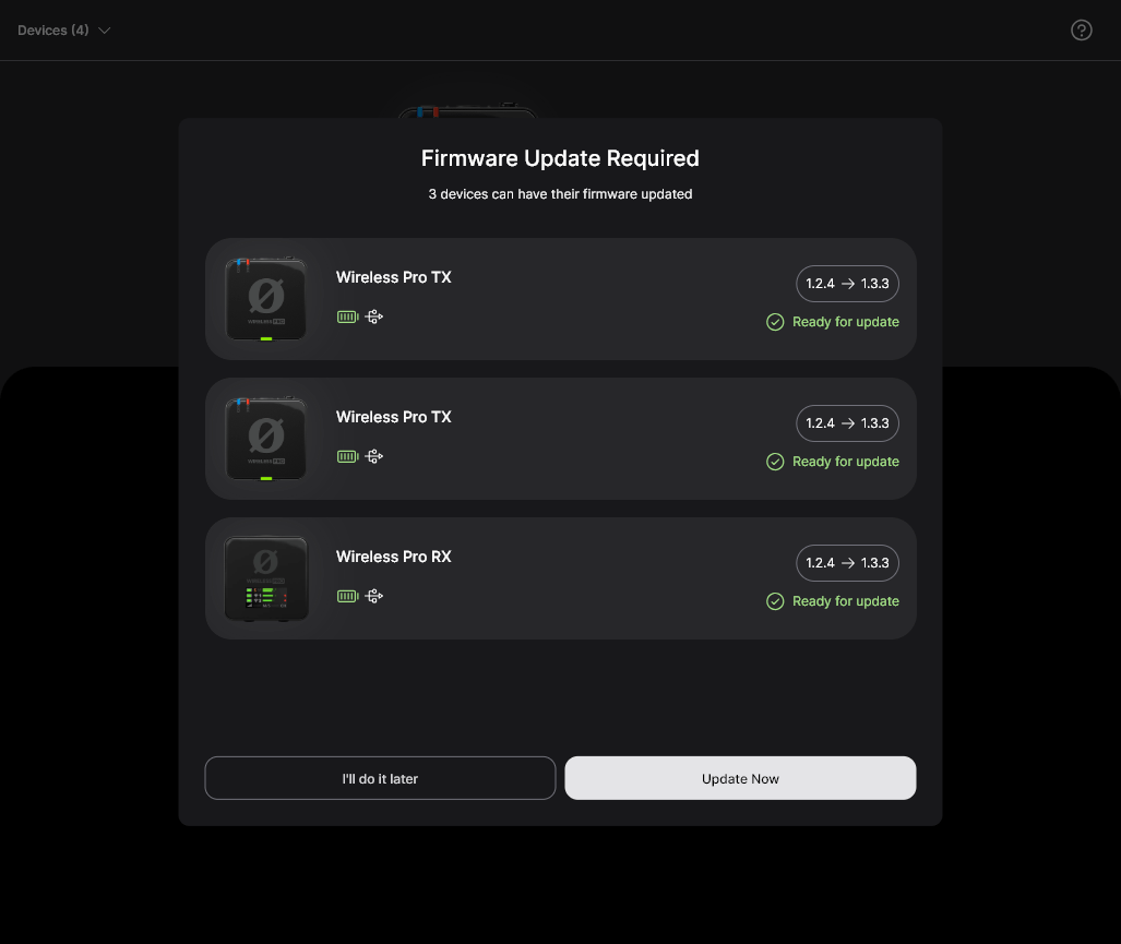 Wireless PRO firmware updating via RØDE Central